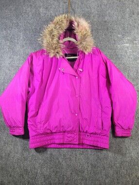 VTG Snuggler Seattle Prism Ski Jacket Womens L Hot Pink Faux Fur Hood 80s Coat